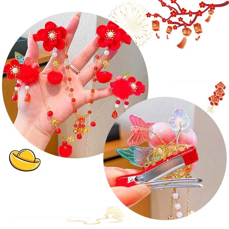 BlessU ห่วงโซ่หน้าผากโบราณสําหรับเด็ก ฮันฟู สไตล์สาวดอกไม้สีแดงกิ๊บชุดสวัสดีปีใหม่ - รูปที่ 3