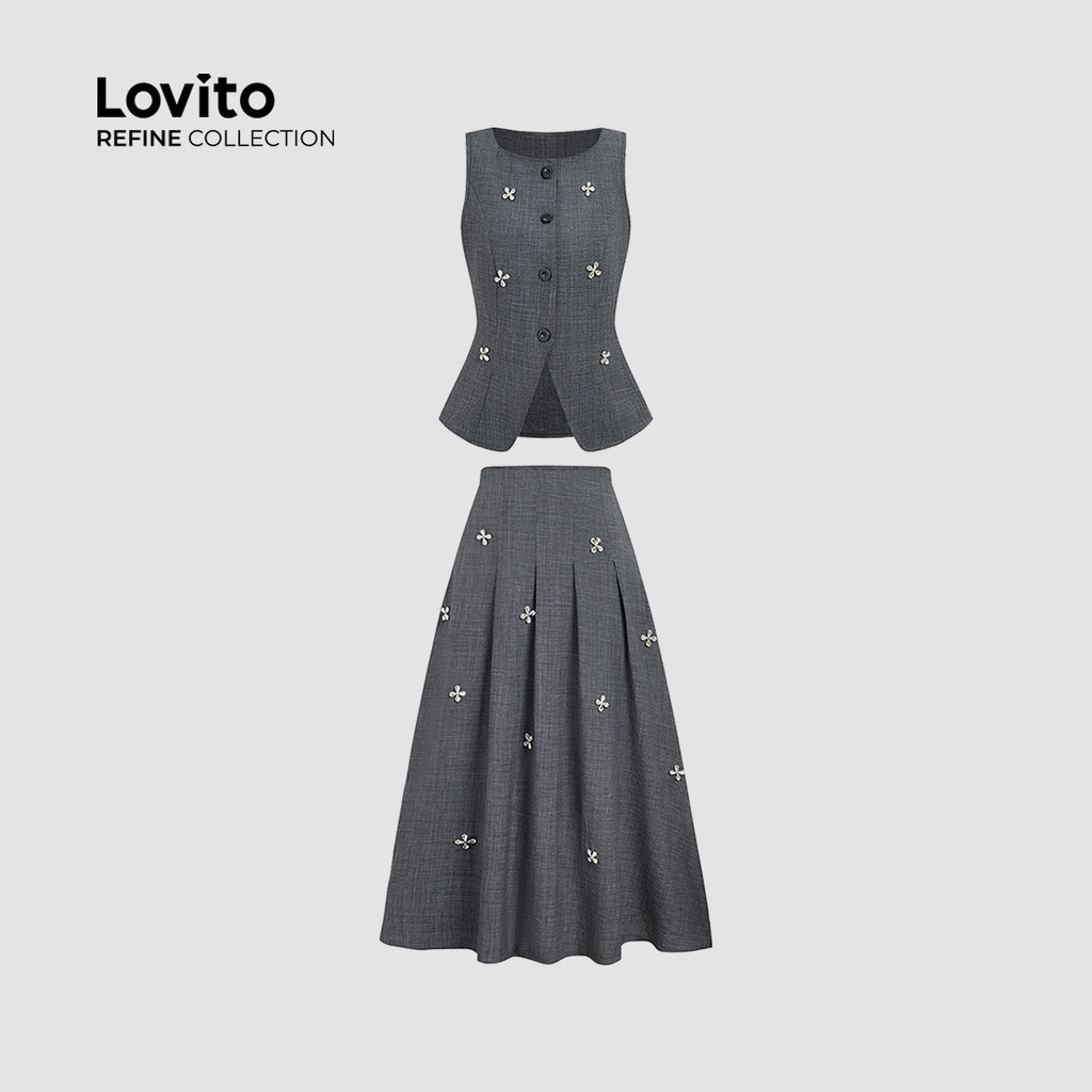 (Lovito Refine)  เสื้อหรือกระโปรงประดับหัวเข็มขัดประดับเพชรจีบสําหรับฤดูใบไม้ผลิ/ฤดูร้อน สีเทาเข้ม LR29L067 - รูปที่ 5