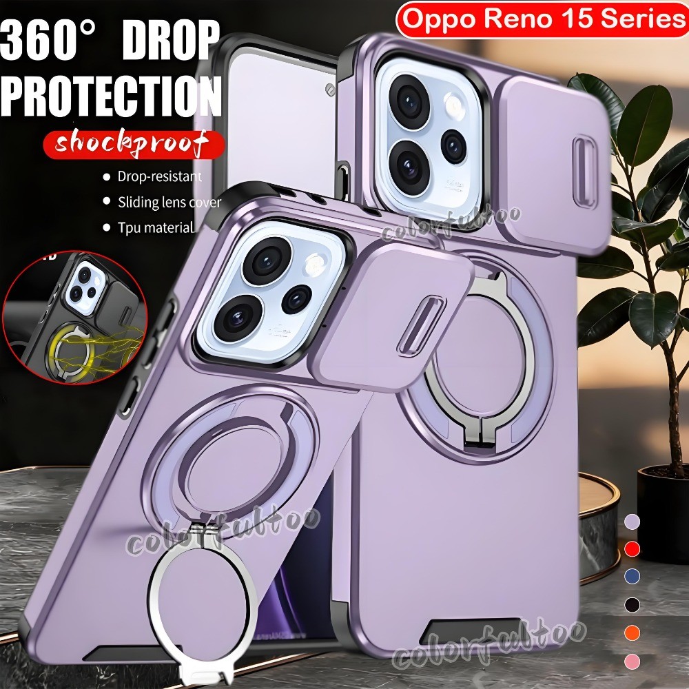 แหวนแม่เหล็กผู้ถือรถยนต์สําหรับOppo Reno 15 Pro Max Mini 15ProMini 15F Reno15Pro Reno15F 5Gเกราะกันกระแทกปลอกสไลด์หน้าต่างกล้องปกป้องฮาร์ดพีซีกันชนปกหลังกรณี