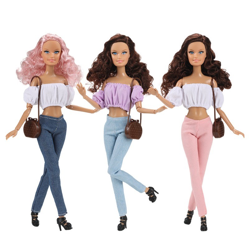 30 ซม.ความสูงตุ๊กตาเสื้อผ้าชุด 11 นิ้วหญิงตุ๊กตา Tan Skin Bubble Sleeve กางเกงยีนส์ Dress Up ของเล่นสําหรับสาวของขวัญ