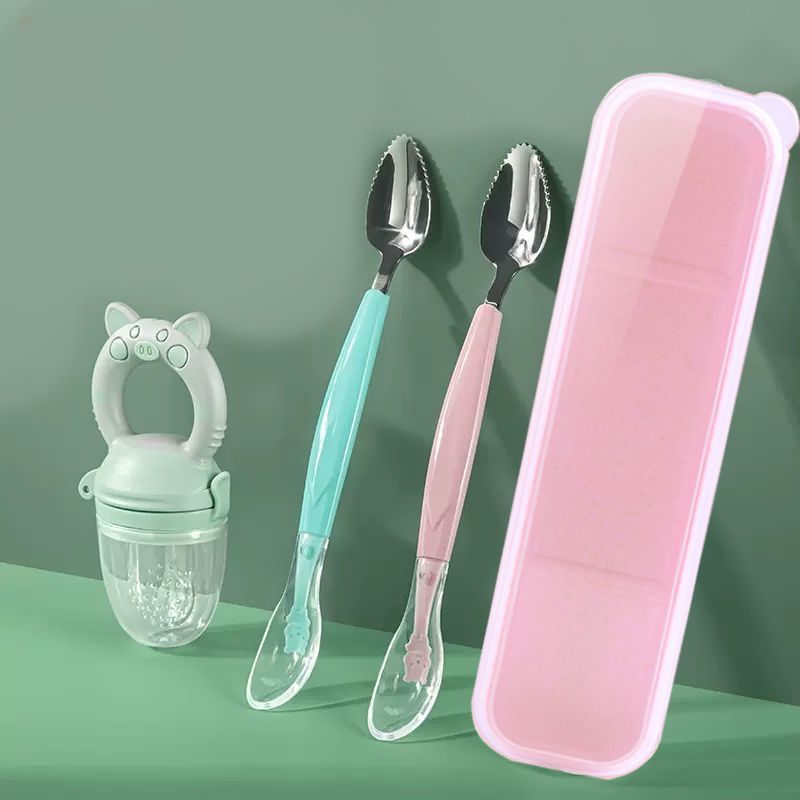 Spot Goods#Baby Fruit Puree304Stainless Steel Baby Food Tools Set Puree Spoon Cute Double-Headed Scr