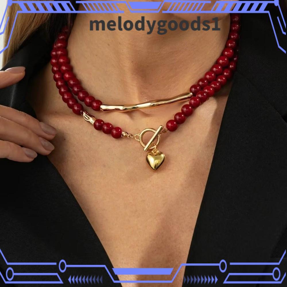 MELODYGOODS 2 ชิ้น/เซ็ต Goth Choker,สีแดงลูกปัดพลาสติก Love Heart Love Heart สร้อยคอ,แฟชั่น OT หัวเข