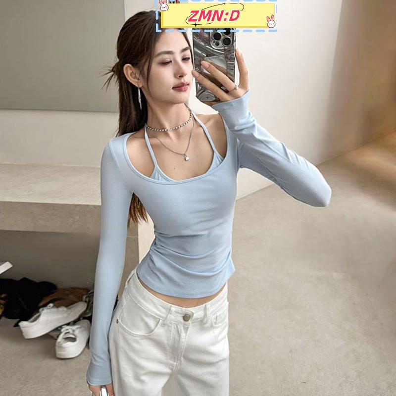 ZMN:D หวาน Slim เซ็กซี่สไตล์ปลอมสองชิ้น Splicing Halterne เสื้อยืดสําหรับผู้หญิง RRT