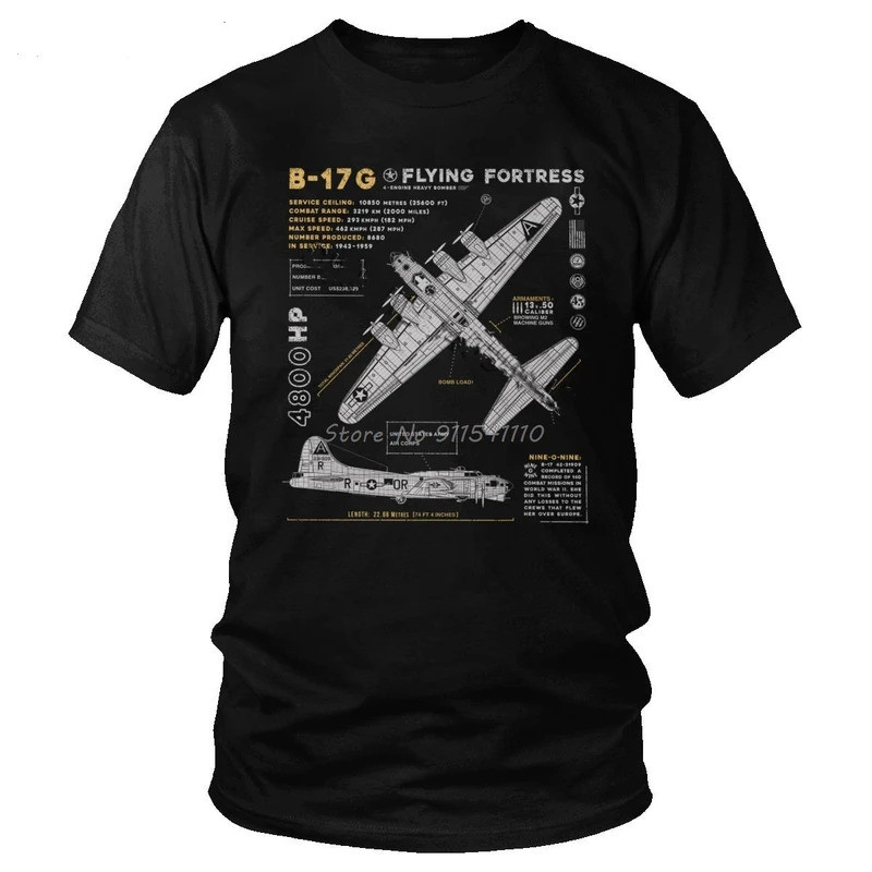 เสื้อยืดผู้ชายแขนสั้นผ้าฝ้าย ธีม B-17 Flying Fortress และ Spitfire