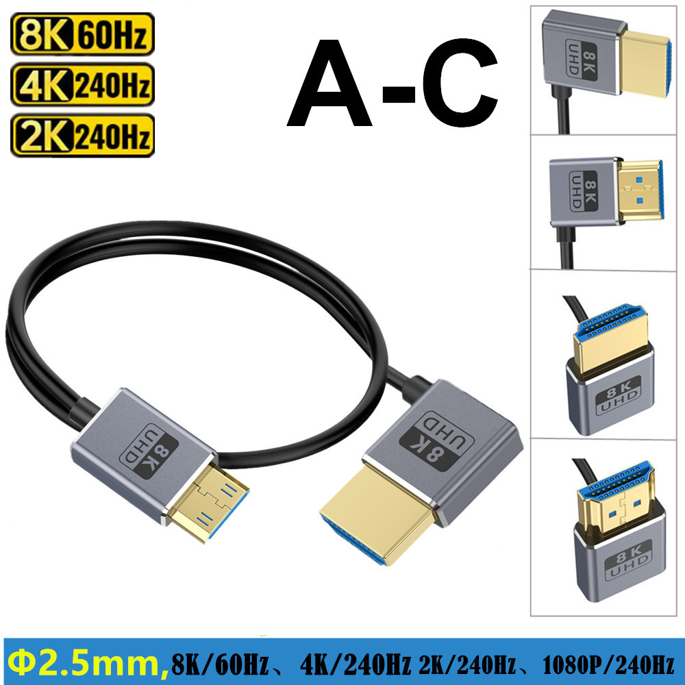 8K @ 60Hz 4K @ 120Hz Mini HDMI to HDMI 2.1 Coaxial Cable พร้อมปลั๊ก HDMI 90 องศา, 0.3 m/0.6 m/1.2 m 