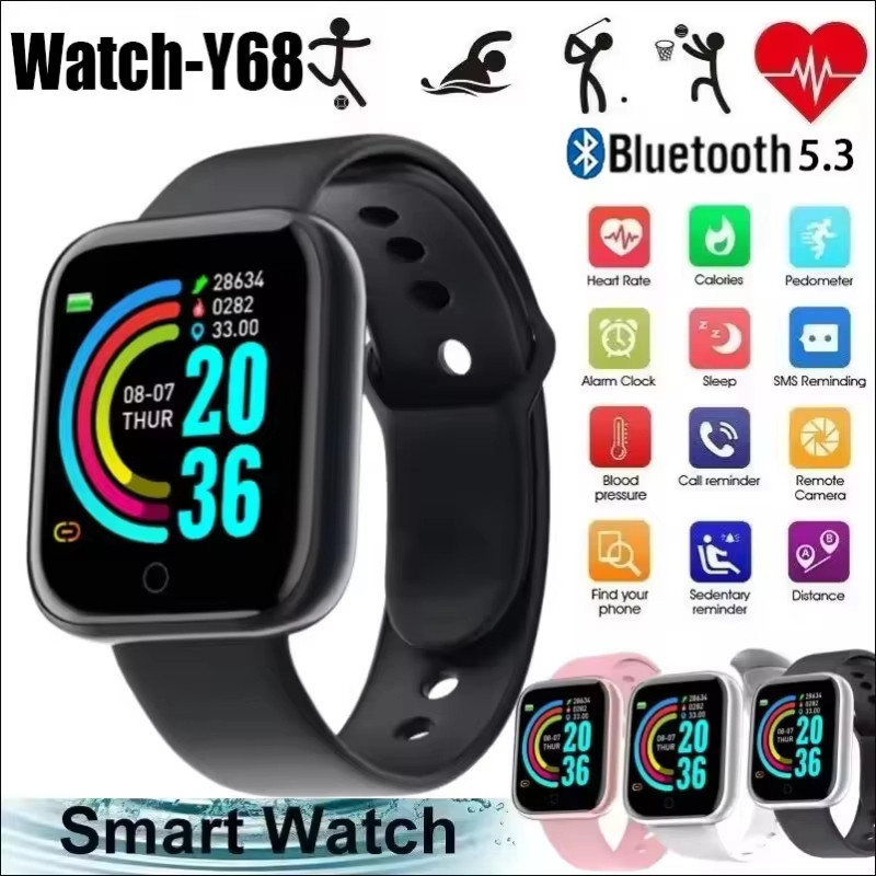 หน้าจอสี Y68 Smart Watch - Fitness Band พร้อมการติดตามหลายกีฬา, Step Counter