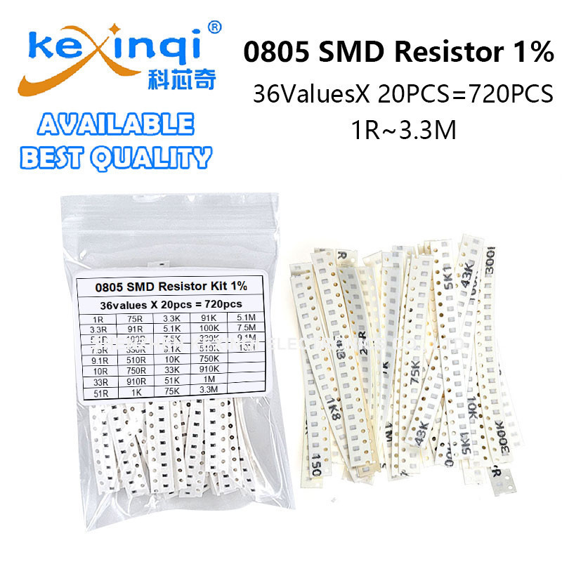(720PCS) 0805 SMD Resistor Assorted Kit 36ValuesX 20PCS 1% 1R 1K 3.3M 10R 10K 3.3K 33K 51R 100K 100R