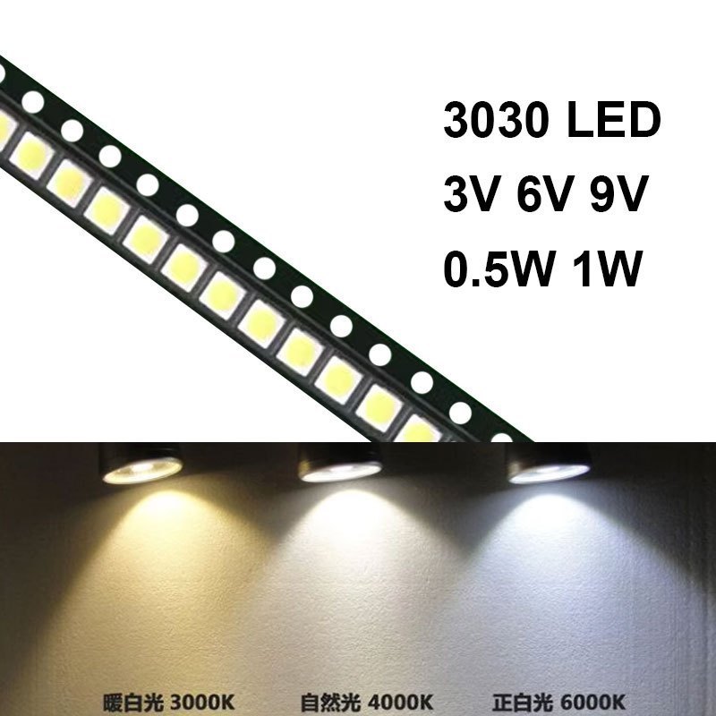 3000 ชิ้น/รอก 3030 LED high-light SMD 0.5W 1W 3V 6V 9V 150mA 300mA 100mA 6000-6500k 2800-3200K 4000-