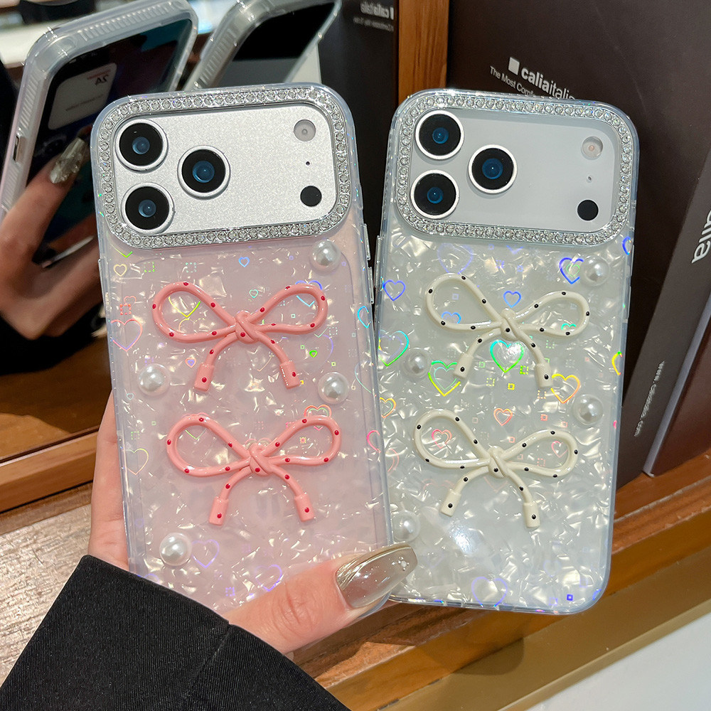 3D Bowknot Dot Love Heart Shell + โซ่เคสโทรศัพท์สําหรับ iPhone 17 Pro Max 17 Air 16 15 14 13 กันกระแทกป้องกันปลอก