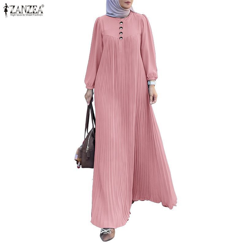 ZANZEA ผู้หญิงมุสลิม Elegant Dignified คอกลมแขนโคมไฟปุ่มตกแต่ง Pleating Maxi Dresses