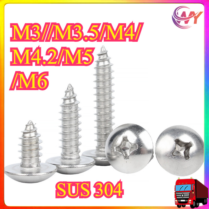 304 สแตนเลสหัวแบนขนาดใหญ่สกรูแตะตัวเองหัวเห็ดM3//M3.5/M4/M4.2/M5/M6 * L6-100 มม.WY-MB