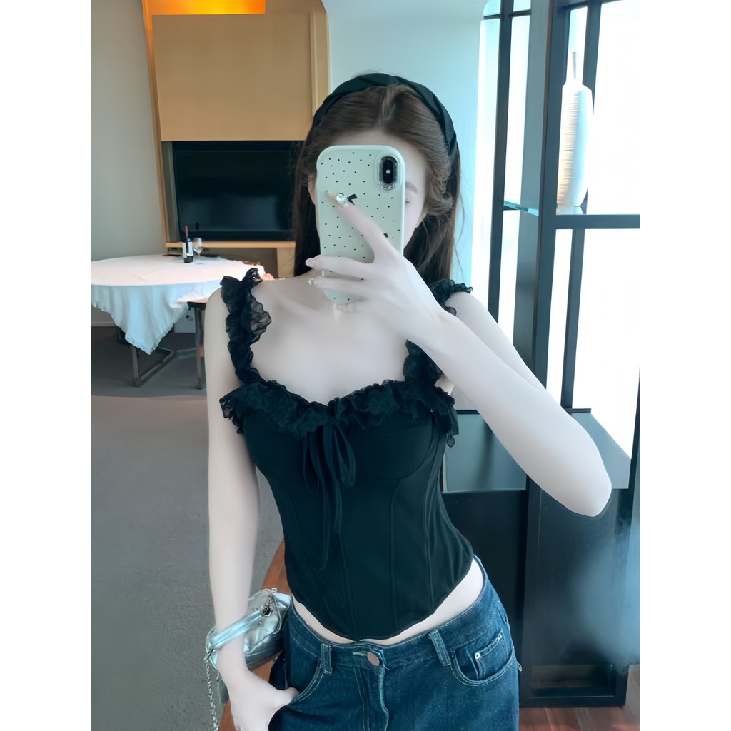 JJ Shop​ พร้อมส่ง เสื้อสายเดี่ยวแขนกุดลูกไม้สีพื้นแฟชั่นผู้หญิง ดีไซน์ผูกเอว สั้น -FY7016 ราคา ถูกที่สุด ดีลบีเคเค แกลเลอรีภาพที่ 6