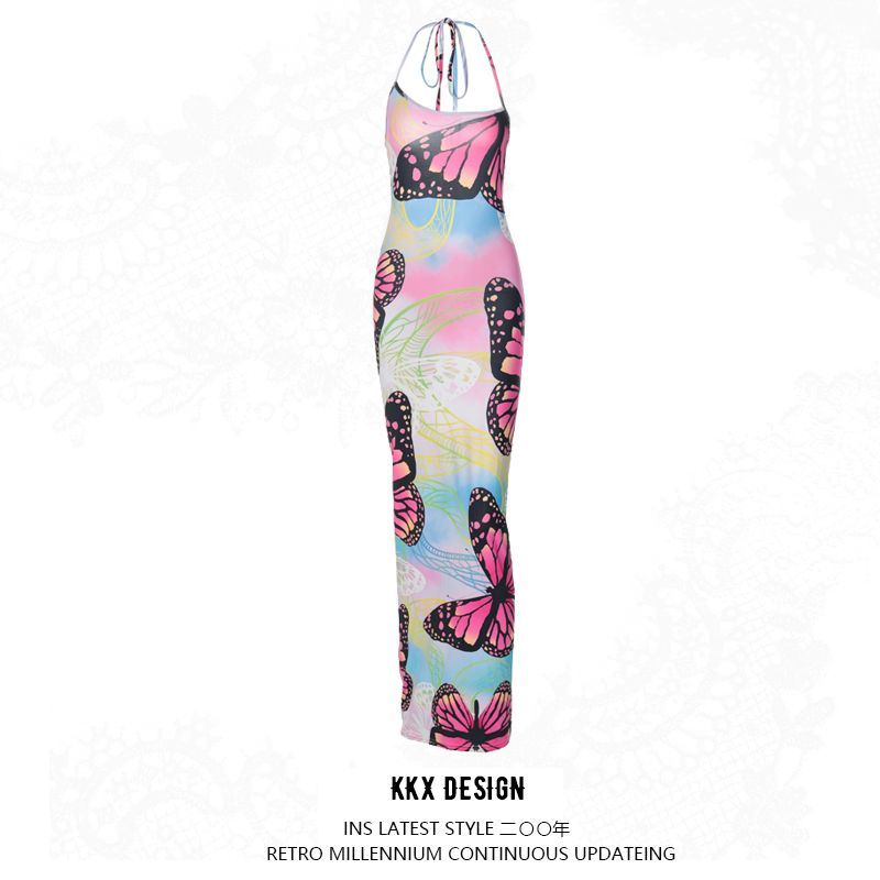 สไตล์แสดงคอสาวร้อน y2k ฤดูร้อนแขวนสาย Millennium Vacation Halter ผีเสื้อชุดยาวเซ็กซี่ kkx ชุดบางพิมพ