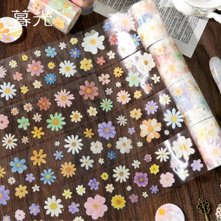 PET เทปสติกเกอร์สําหรับ Journaling Pre-Cut Daisy ดอกไม้ Washi เทปสติกเกอร์ตกแต่งเทปสําหรับงานฝีมือ Scrapbooking Junk Journal Supplies