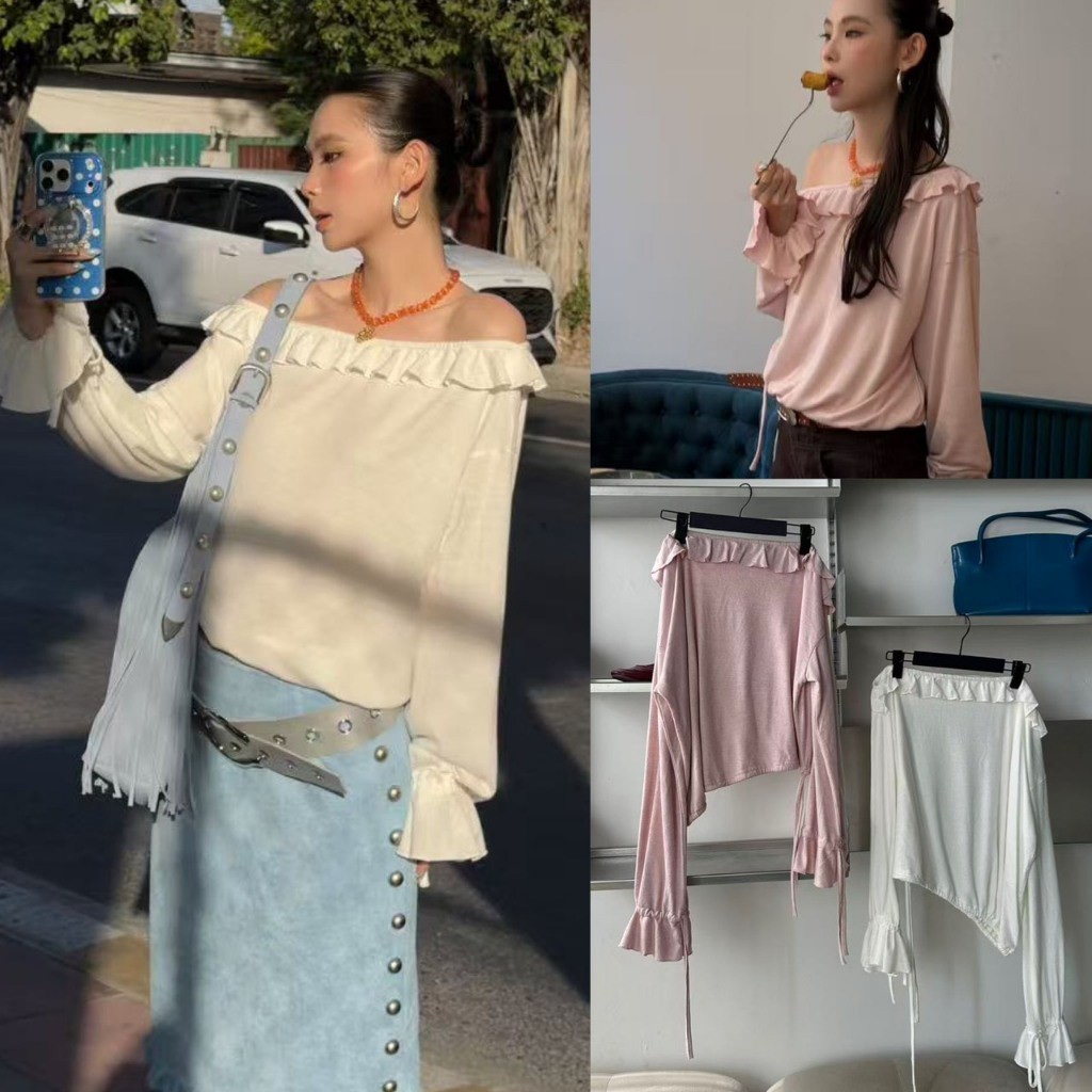 ❤ 🧵 🇰🇷 SU077 เสื้อปาดไหล่ ผ้ายืด แต่งชายระบายช่วงขอบเสื้อ ชายเสื้อแต่งเชือกรูด แฟชั่นเกาหลี TAG MM fish 🧵🧡