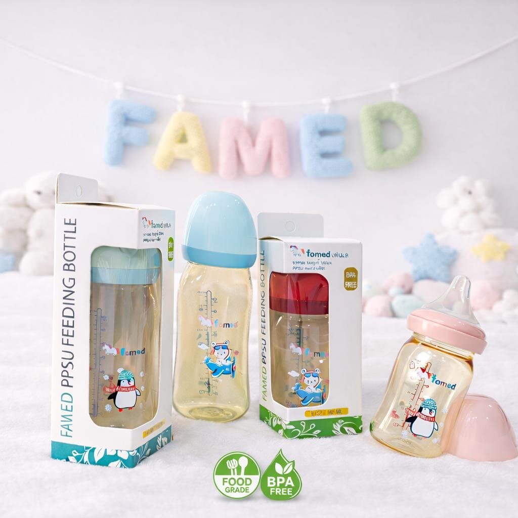 famed ขวดนมสีชา PPSU 5ออนซ์ 8ออนซ์ รุ่น penguin ทนร้อน ทนทาน รับประกันสินค้าทุกขวด