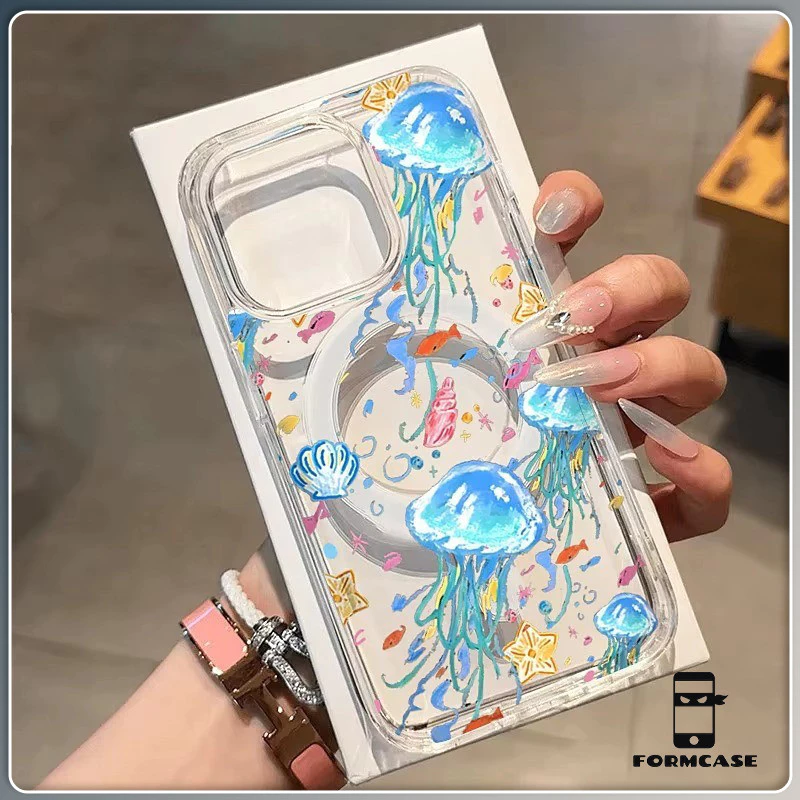 การชาร์จแบบไร้สาย เปลือกแม่เหล็ก แมงกะพรุนหลากสี สำหรับ iPhone X XS MAX XR 7/8PLUS 17 16 15 14 เคสไอโฟน 13 12 11 PRO
