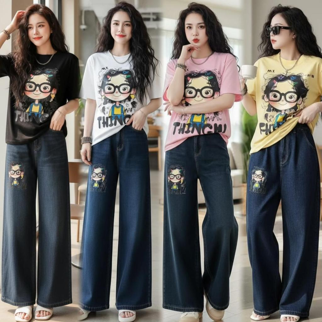 Mayura Stores No.C789 ชุดเซ็ท2ชิ้น เสื้อ+กางเกงผ้ายืดยีนส์เทียม ลายน้องแว่น เสื้อผ้าแฟชั่น