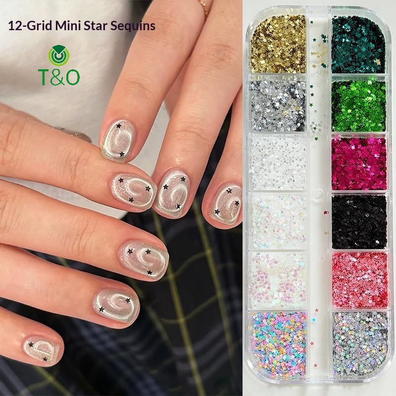 T & O 12 กริด Star เลื่อม Five-pointed Star สีสันเล็บ Charm Sparkle 3D เล็บ Rivet ตกแต่งเล็บ DIY อุป