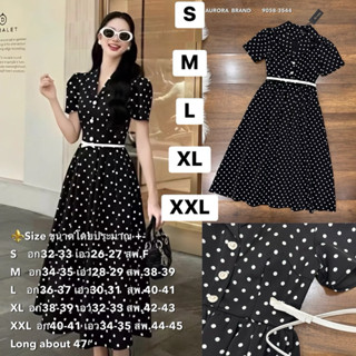 พร้อมส่งทันที S-L ⚡️AR 9058 ชุดเดรส+เข็มขัด เดรสสีดำลายจุดขา…