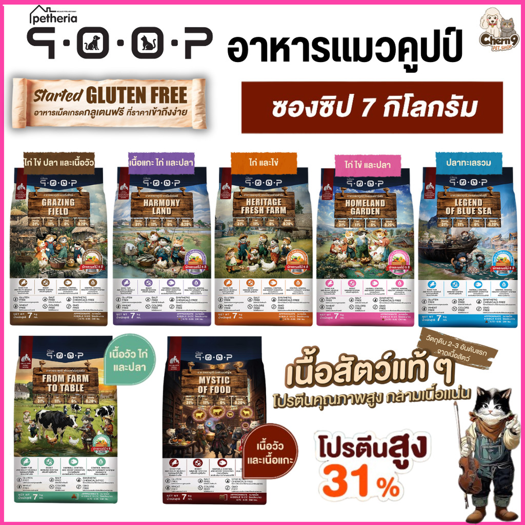 [ ขนาด 7 กิโล ]   อาหารแมว qoop By petheria เกรดพรีเมียม กลูเต็นฟรี โปรตีน 31%  ไม่เค็ม, ไม่ปรุง, ไม่เติมเกลือ