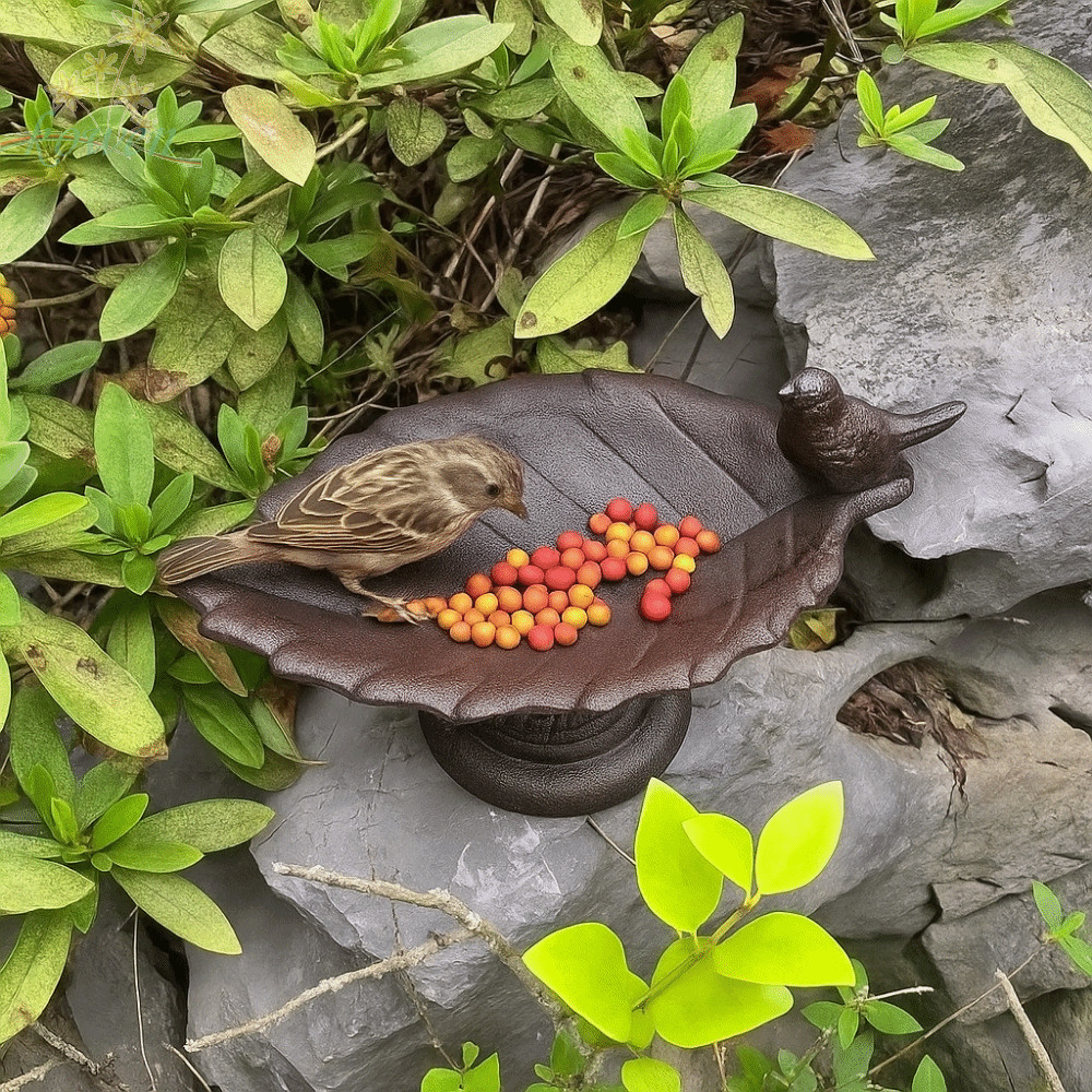 KOWEN Petal Bird Feeder Bas, Nostalgic Retro Bird Bath, เหล็กหล่ออเนกประสงค์เครื่องจ่ายอาหารนกกันน้ําดื่ม