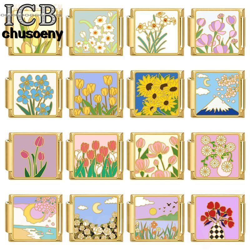 🌻ดอกไม้สีทองที่มีสีสันอิตาลีสร้อยข้อมือเสน่ห์พอดี9มิลลิเมตรสร้อยข้อมือสแตนเลส ทําเอง เครื่องประดับทําอุปกรณ์บุคลิกภาพโมดูลสร้อยข้อมือเครื่องประดั
