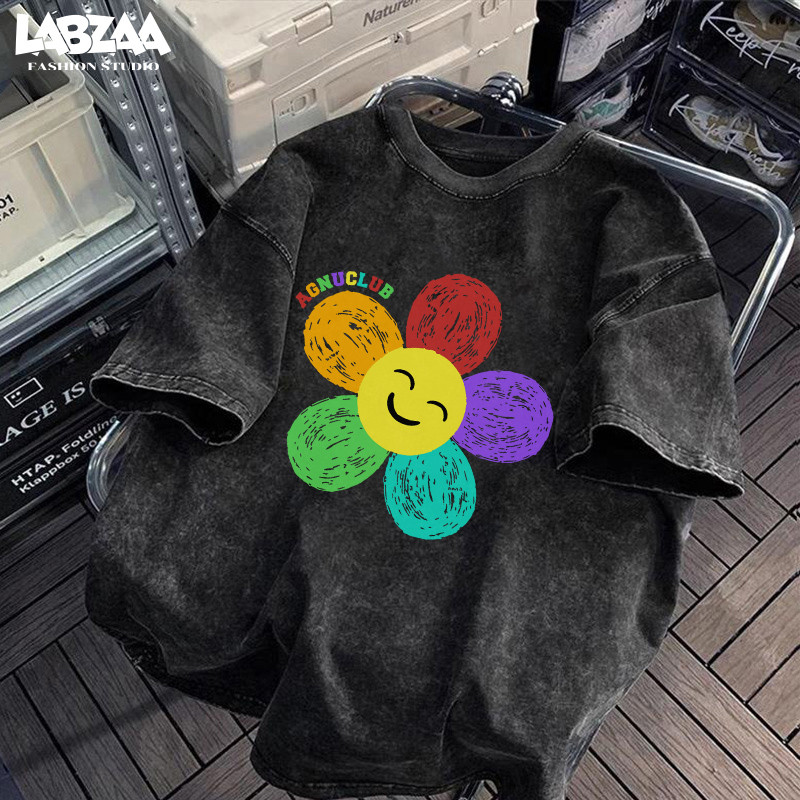 【จัดส่งจากกรุงเทพฯ】LABZAA เสื้อยืดแขนสั้นคอกลม🔥วินเทจฟอกน้ำ Oversized ลายดอกเดซี่ ผ้าฝ้าย 100% YG4908