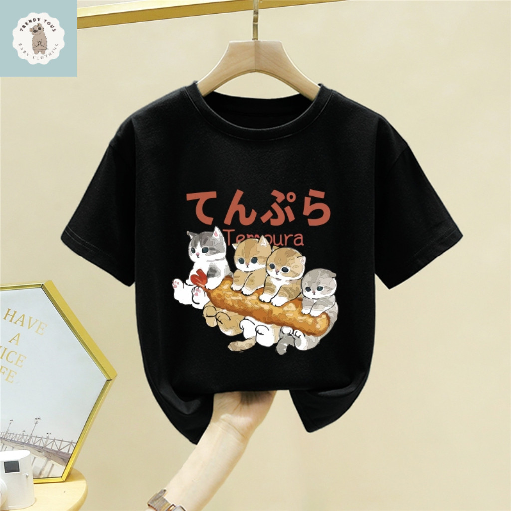 เสื้อยืดแขนสั้นเด็ก ลายแมว คอกลม เนื้อผ้าใส่สบาย สไตล์เกาหลี ดีไซน์พิมพ์ลาย