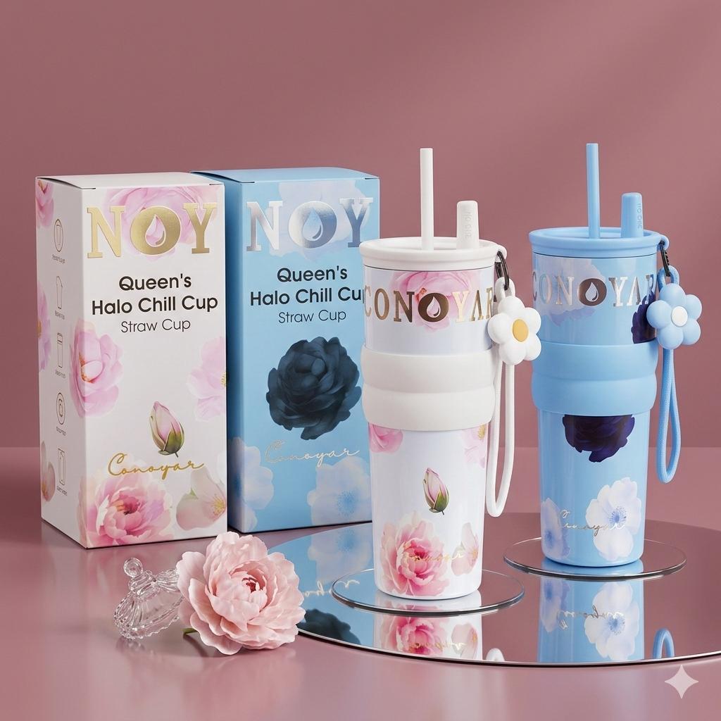 แก้วเก็บอุณหภูมิซับเซรามิก 710ml CONOYAR ซีรี่ส์ดอกไม้ แก้วน้ำสแตนเลส 316เคลือบเซรามิคแก้วเก็บความเย็น T01319