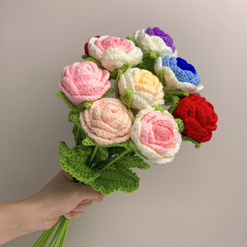 Rose flower woven bouquet, artificial flowers, handmade crochet faux flowers, woolen flowers, finish