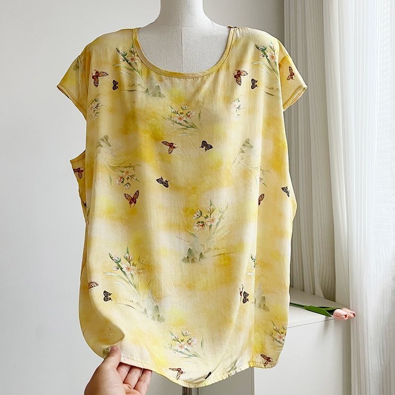 ผ้าฝ้ายผ้าไหมขนาดบวกเสื้อคอลูกเรือผู้หญิงบาง棉长款圆领衫女宽松短款宽松短袖短袖短袖棉上衣 260305WW