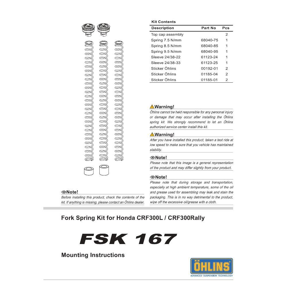 สปริงโช๊คหน้าแต่ง OHLINS Front Spring Kit  FSK 167 : for Honda CRF 300 Rally (Asian & EU)/ 300L EU V