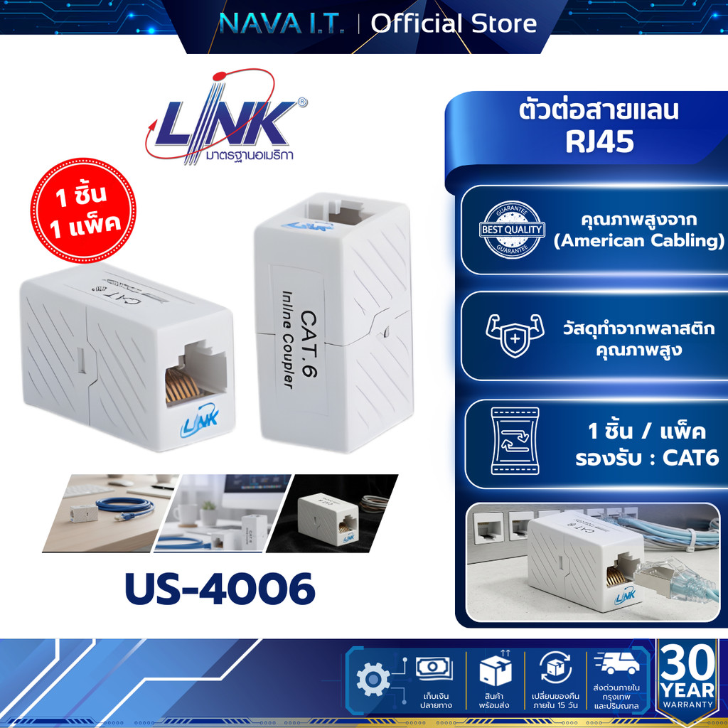 LINK US-4006 CAT6 ตัวต่อแลน RJ45 ตัวเมีย 2 ด้าน IN-LINE COUPLER FOR PATCH PANEL ของแท้ 100%