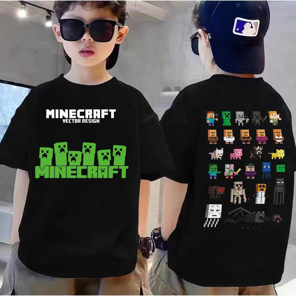 เสื้อแขนสั้นแบบใหม่ปี 2026 สำหรับเด็กชาย ลายการ์ตูน Minecraft ทำจากผ้าฝ้าย ใส่สบายและน่ารัก