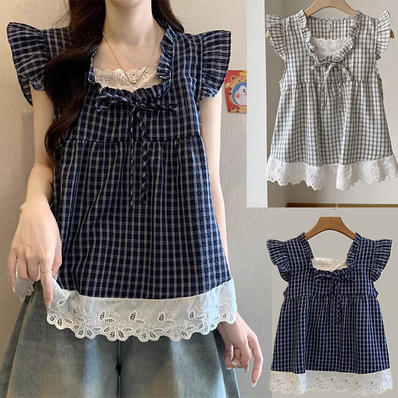 เสื้อเชิ้ตลายสก็อตแขนสั้น แต่งระบายลูกไม้ ทรงวินเทจ ทรงหลวม เนื้อผ้านุ่ม จัดส่งจากประเทศไทย 99172