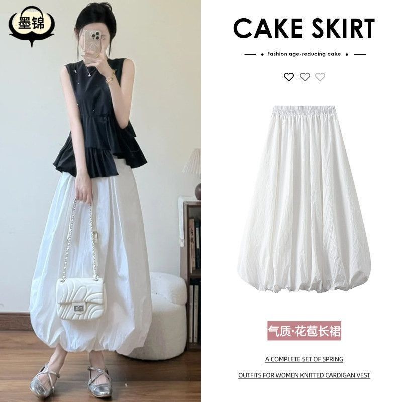 Ink Brocade สีขาว Bud กระโปรงหญิง 06 สไตล์ใหม่ฤดูใบไม้ผลิฤดูร้อน Princess Cloud Puff กระโปรง a-Line 