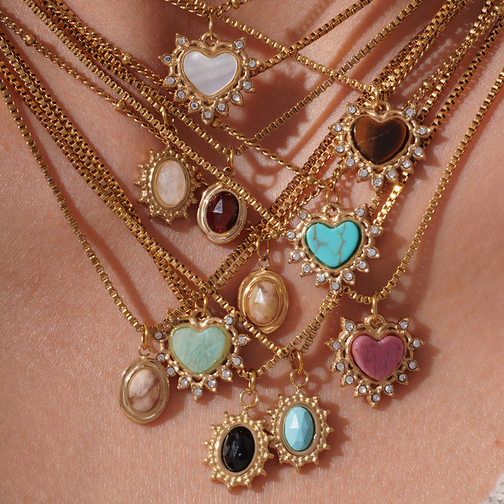 Cross-Border ยุโรปอเมริกัน Simple หินธรรมชาติสร้อยคอ Love All-Match High-End สแตนเลสสร้อยคอ Matching Blue Turquoise Tiger Eye Stone
