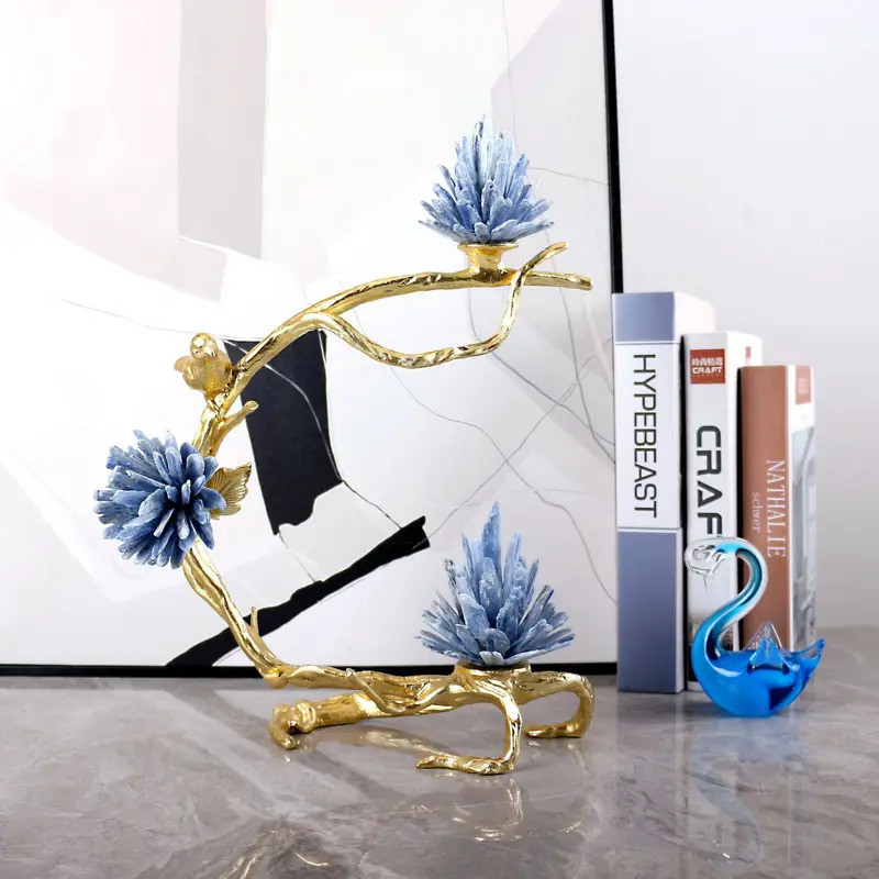 คริสตัลประติมากรรม Twig Golden Bird Blue Agate ดอกไม้โลหะหัตถกรรม Bough ตกแต่ง Figurines Home Decor