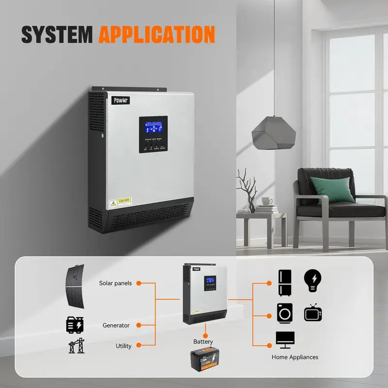 PowMr 3KW Hybrid Solar Inverter 24V ถึง 110V 120V 2400W Pure Sine Wave PWM 50A Solar Charge Controll