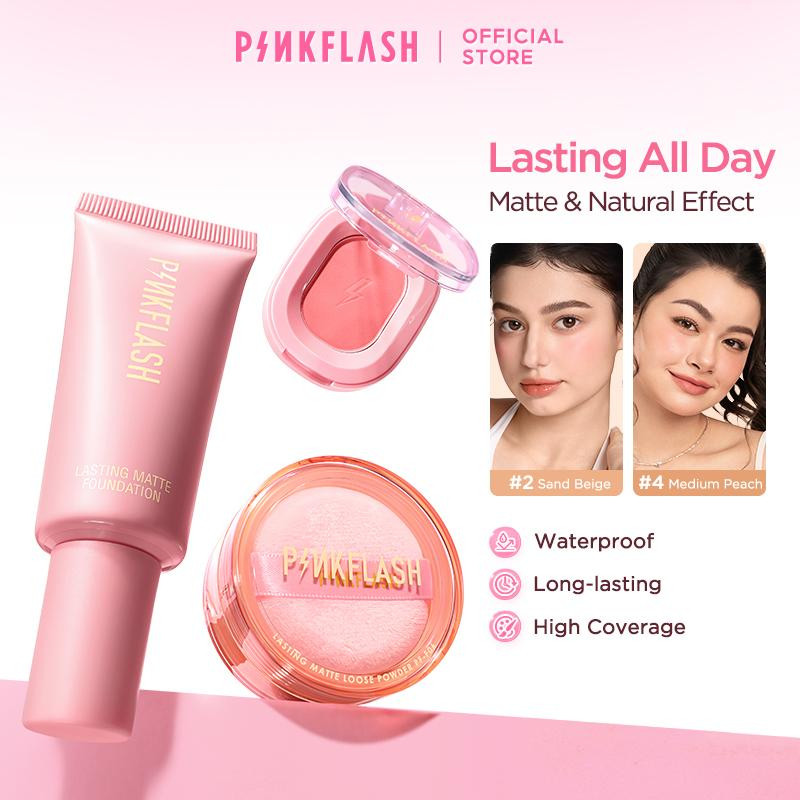 PINKFLASH Face Makeup Set 3 ชิ้น All-day Matte Foundation + Oil Controller Loose Setting Powder #111+บลัชออนเม็ดสีสูง #P03