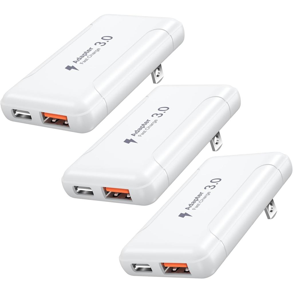 Flat USB C Wall Charger, OKRAY 3-Pack 50W ปลั๊กพับได้บางเฉียบ Dual USB Charger,PD30W USB-C Fast Char