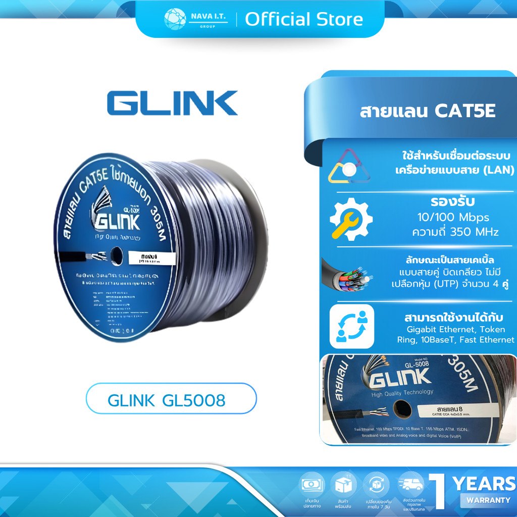 (มีส่งด่วน) GLINK GL5008 สายแลน CAT5E ภายนอก 305 เมตร สีดำ โรลไม้ รับประกัน 1 ปี