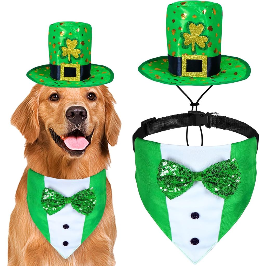 2 ชิ้น สุนัข เซนต์. ชุด Patricks Day, St Patricks Day Dog Clothes Green Shamrock Dog Hat Dog Tuxedo 