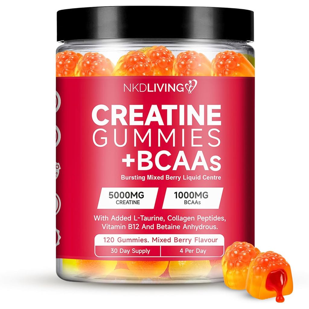 NKD Living All-In-One Creatine Gummies มีเซ็นเตอร์เหลวเบอร์รี่หลากหลายรสชาติ (120 เม็ด) - อุดมด้วยคр