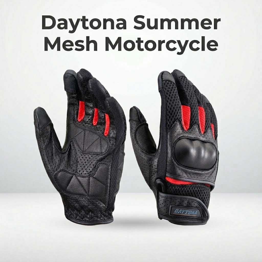 Daytona Summer Mesh Motorcycle Gloves with Goat Leather, Smartphone Compatible, Hard Protector, Full
