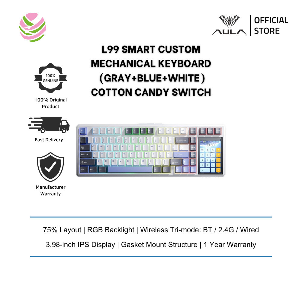 AULA L99 Smart Custom Mechanical Keyboard (แบบมีสาย/ 2.4G/ BT/โครงสร้างแก๊ส/ RGB) สีเทา+สีฟ้า+สีขาว 