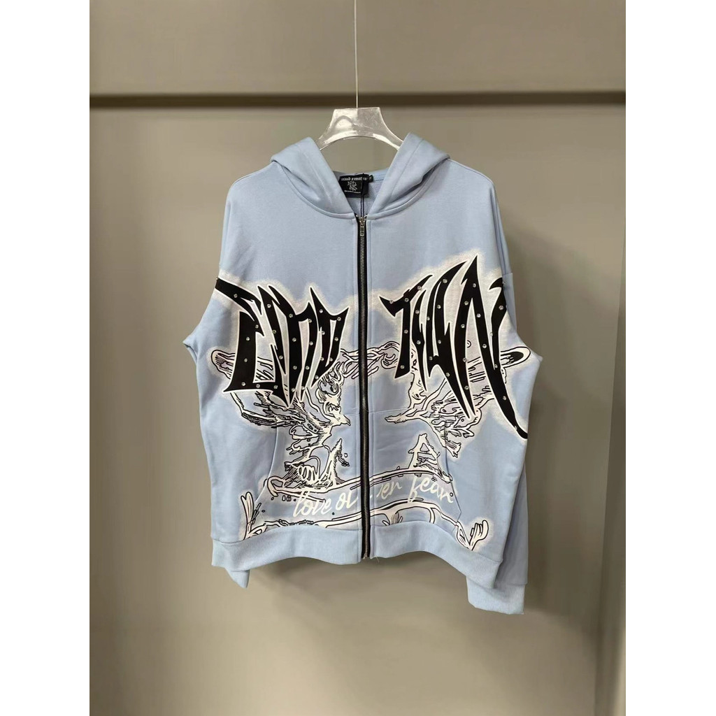 QNRL  MIXED EMOTION Street-style retro printed rhinestone letter high street unisex cardigan hooded 