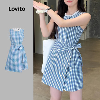 Lovito ชุดเดรสลำลองลายสก็อตระบายคอผูกโบว์ เดรสฤดูร้อน/ฤดูใบไ…