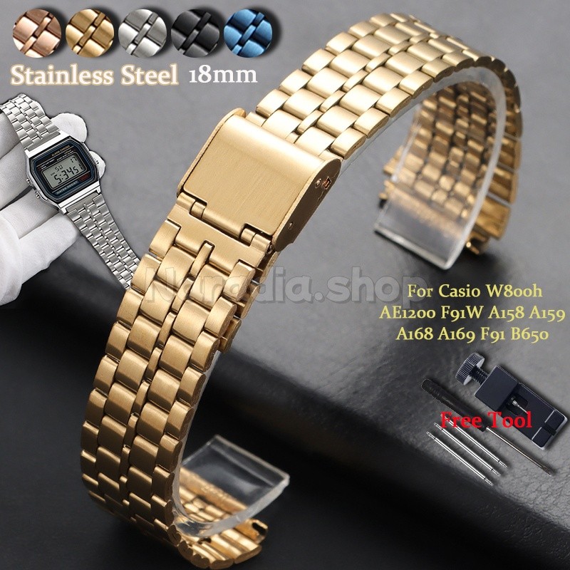 18 มม.สําหรับ Casio W800h AE1200 F91W A158 A159 A168 A169 F91 B650 สแตนเลสสตีลนาฬิกาเปลี่ยนสายนาฬิกา